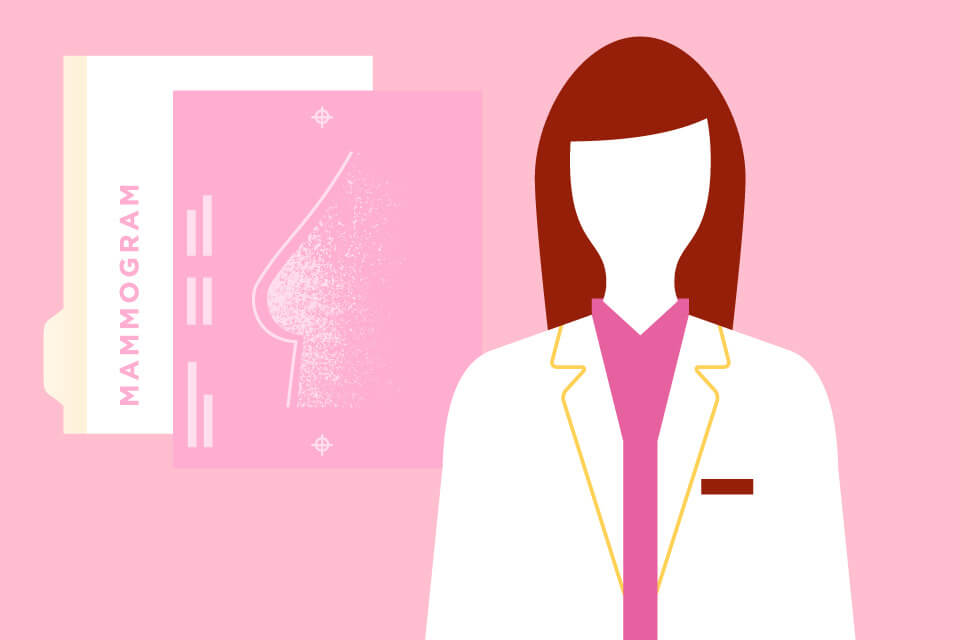 Illustration of female doctor with mammogram results over a file on the background