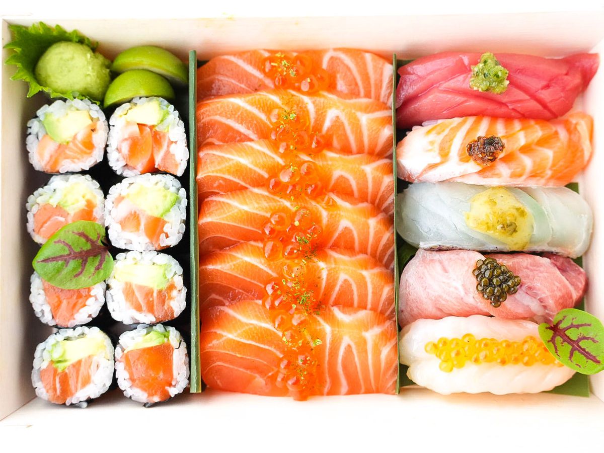 A box of sushi pieces.