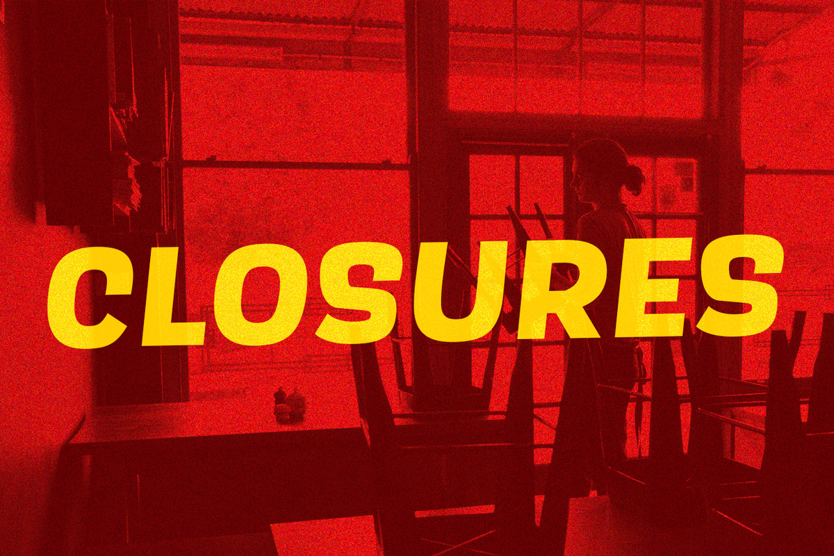 A slide with a red tint shows a restaurant with chairs on top of the tables. Over it in yellow text is the word “closures.”