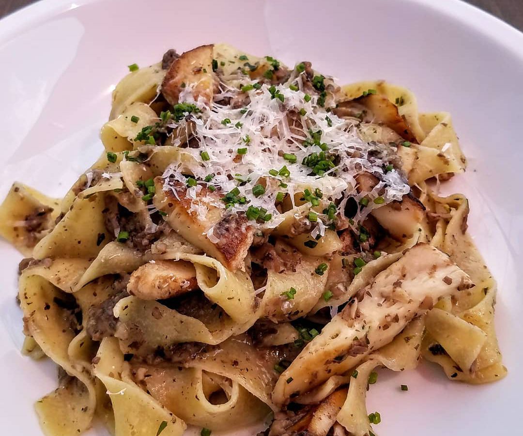 Pasta with mushrooms and cheese on a white plate.