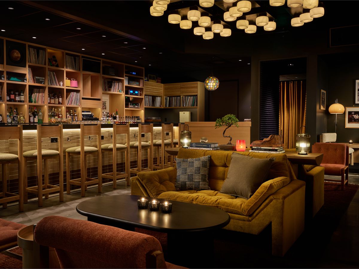 A dimly lit bar.