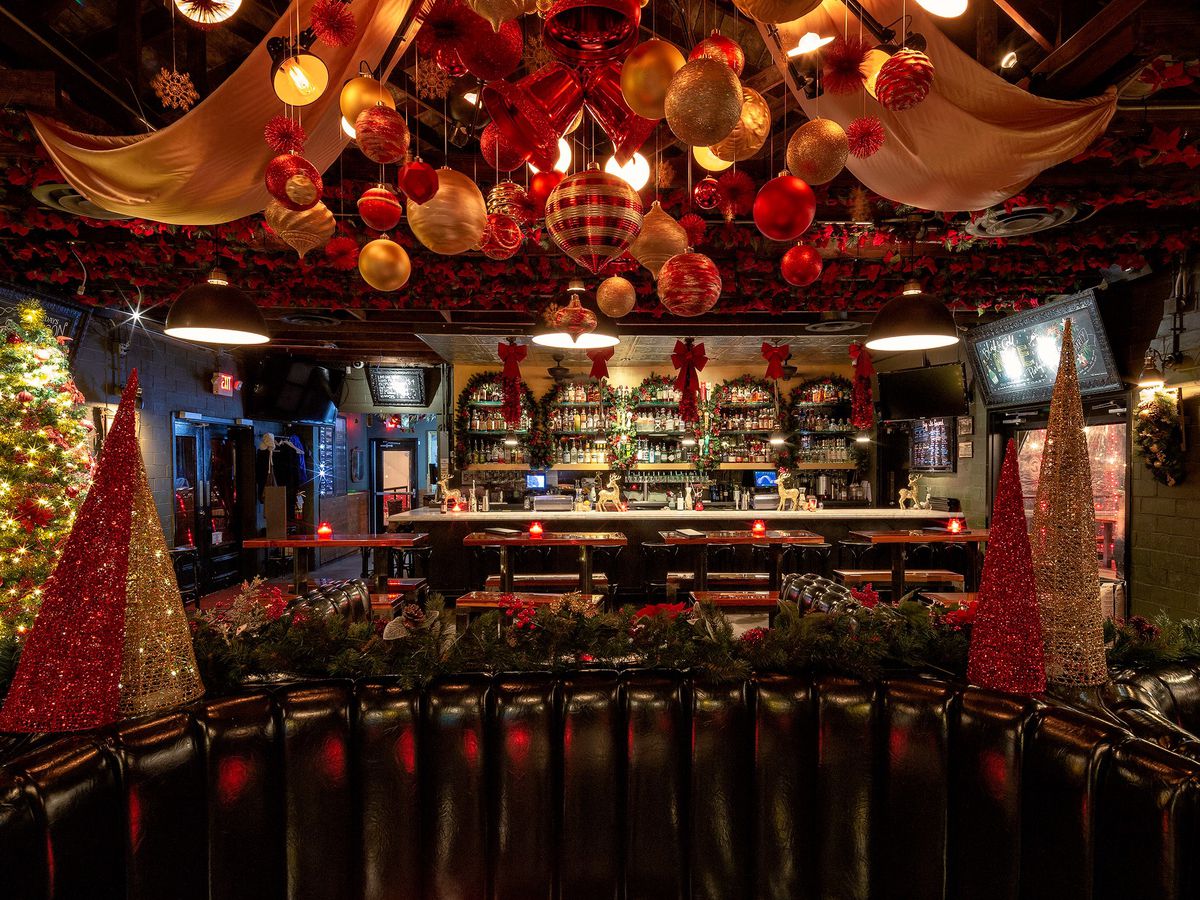 A Christmas-decorated bar.