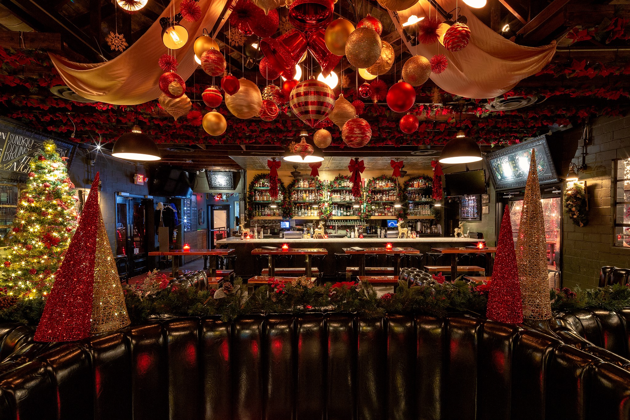 A Christmas-decorated bar.