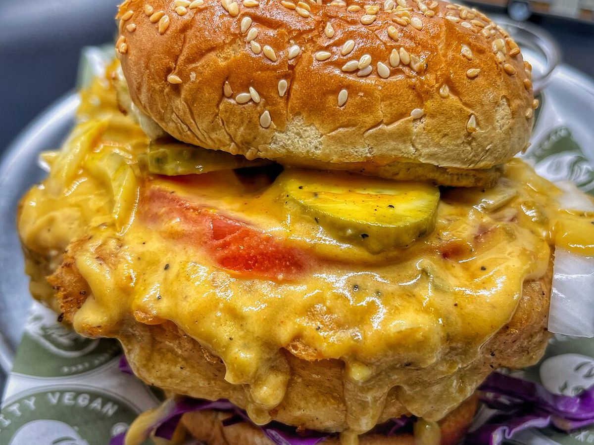 A sandwich with a cheese substance.