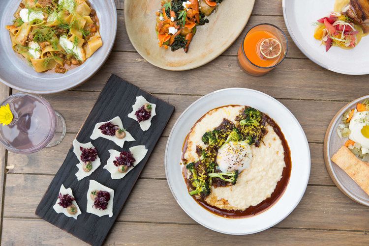 A wooden table holds multiple dishes, including pasta, hummus, crudo, and vegetables.