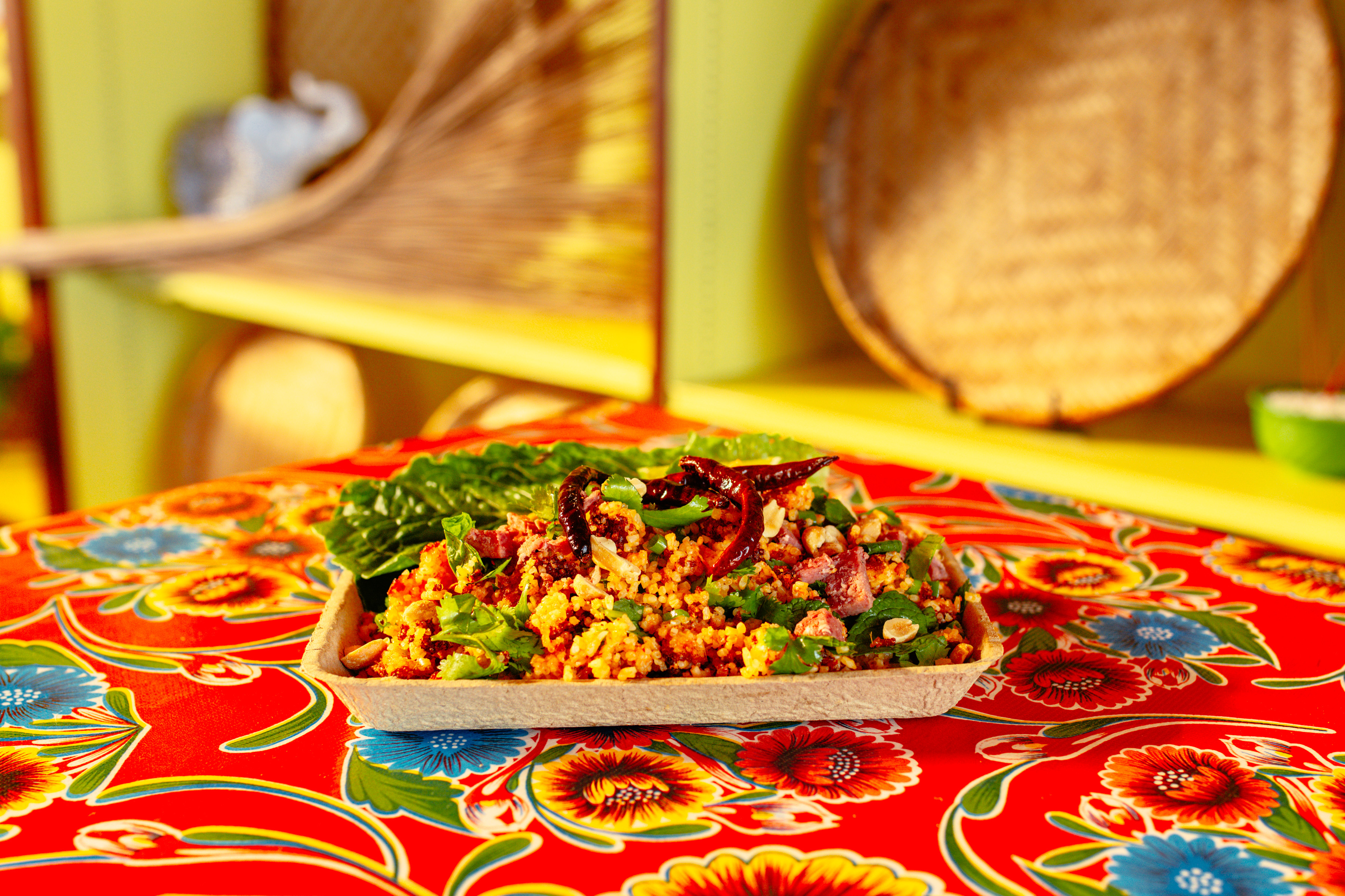 A tray of rice and vegetables.