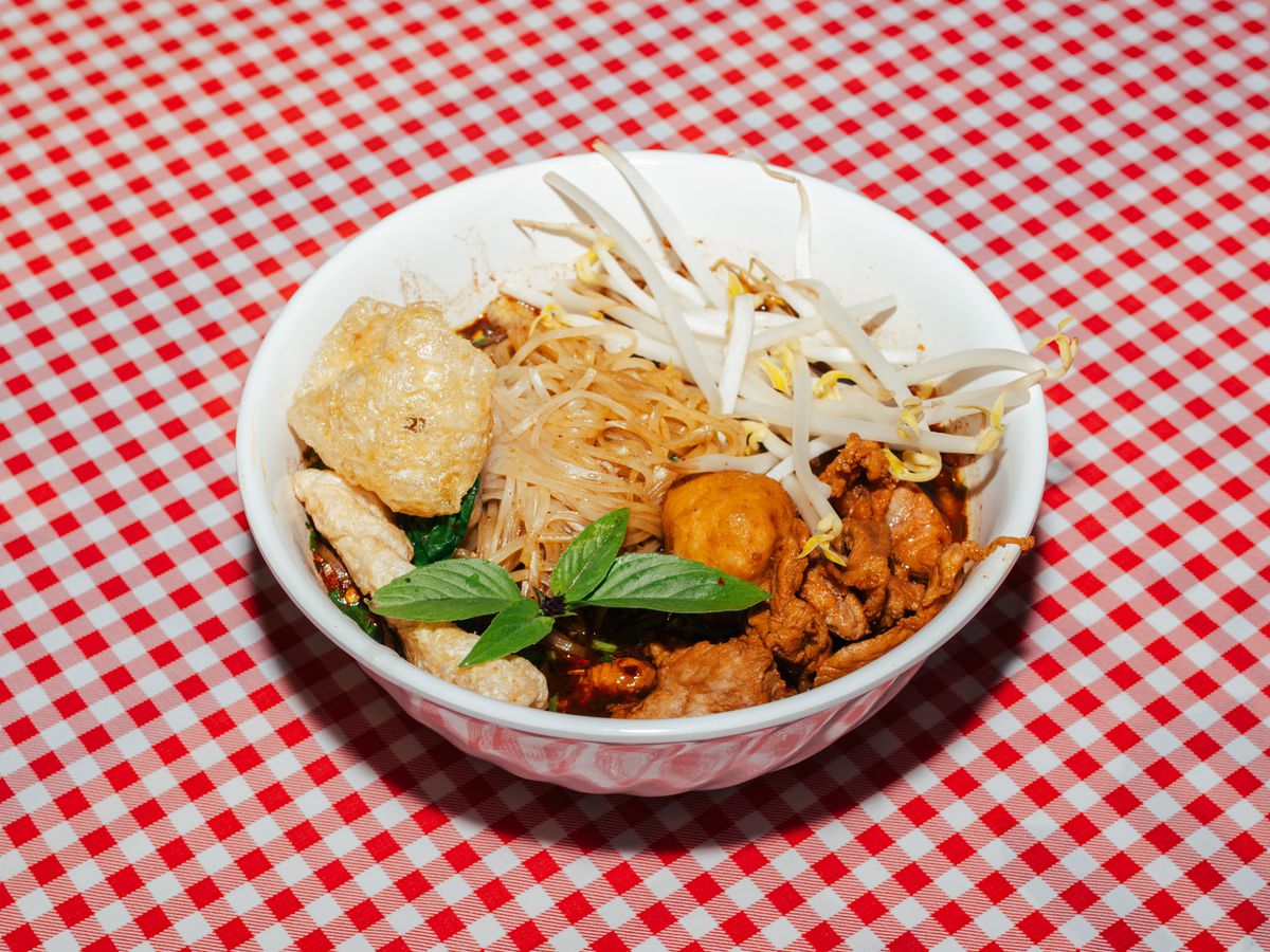 A bowl of noodles and vegetables and meats.