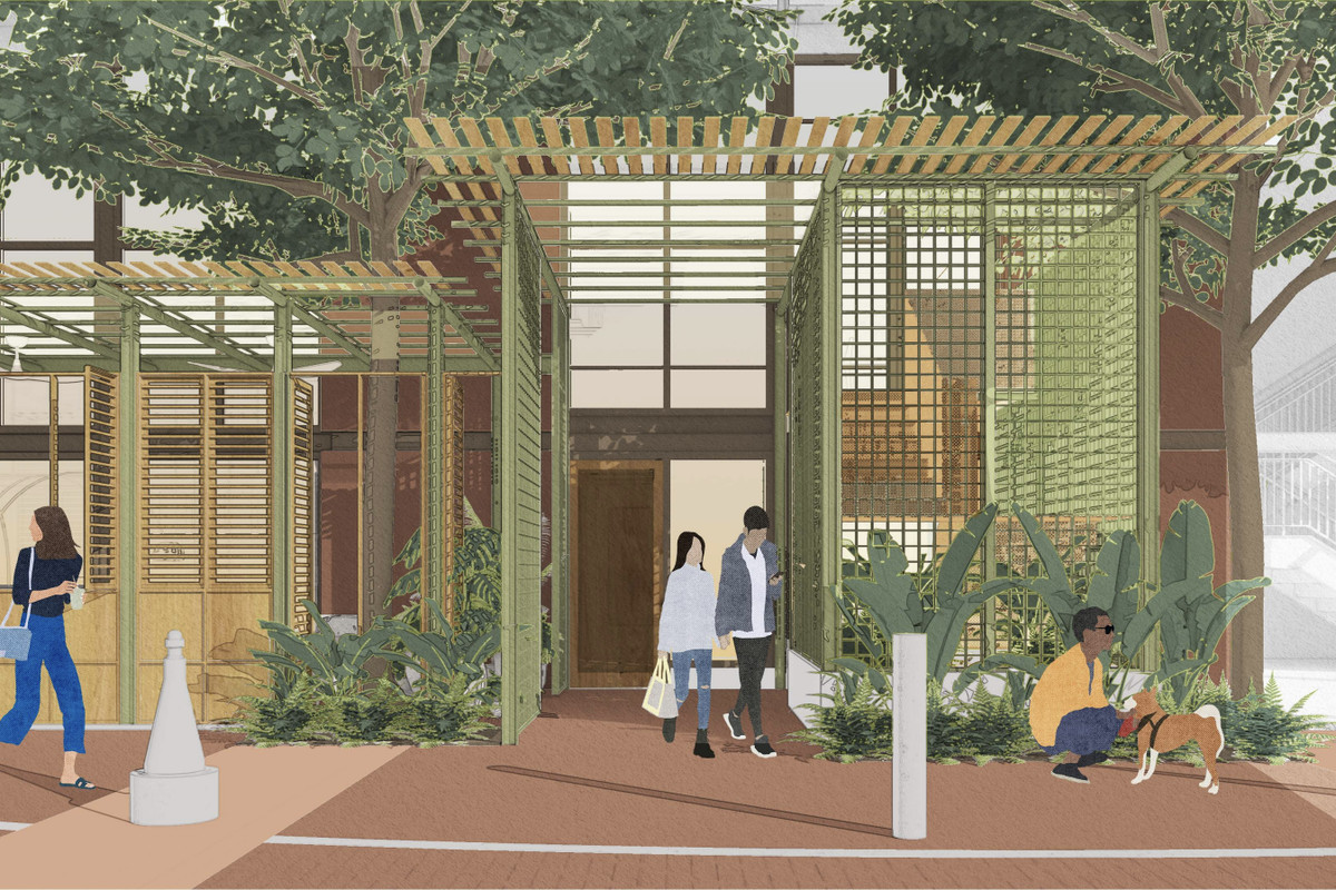 A rendering of Jue Let features greenery and pergolas.