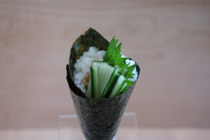 A cucumber, herb, and rice roll.