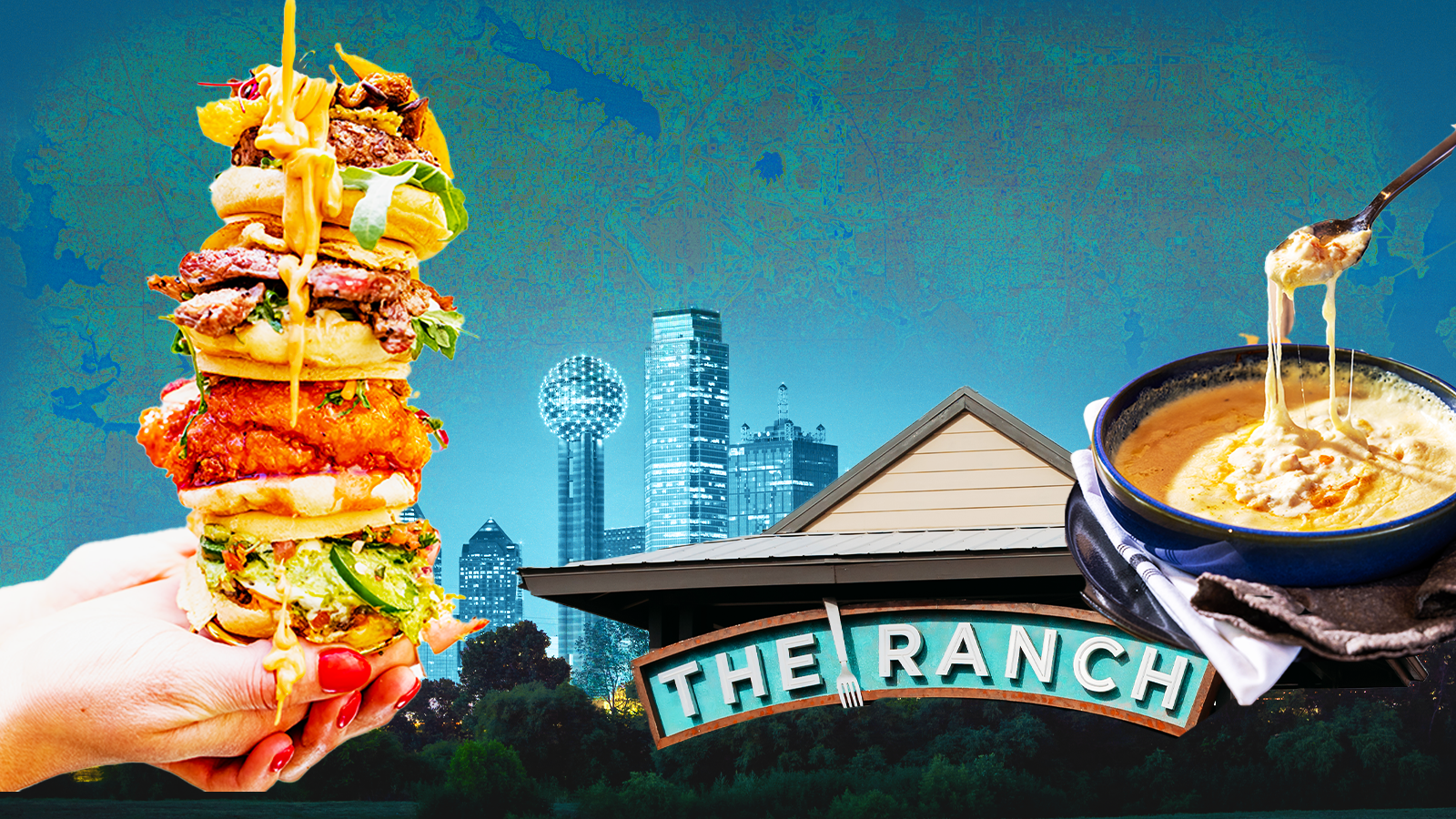 An illustration with the Dallas skyline in the back shows the entry to a restaurant called the Ranch. On both sides are dishes of food, one a shish-kebab of various foods and the other a bowl of queso.