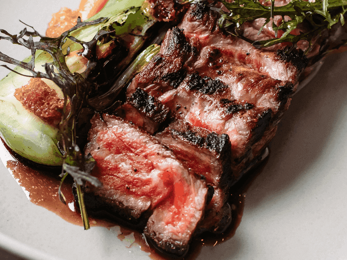 A plate of cut-up steak.