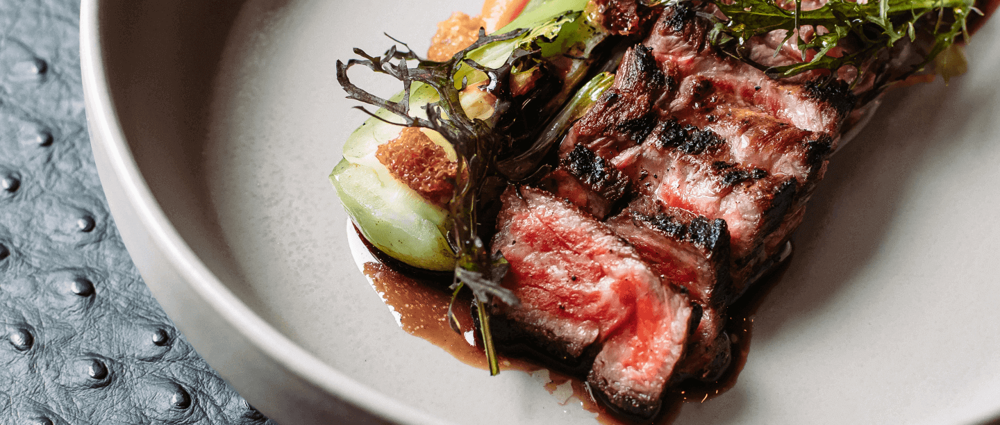 A plate of cut-up steak.