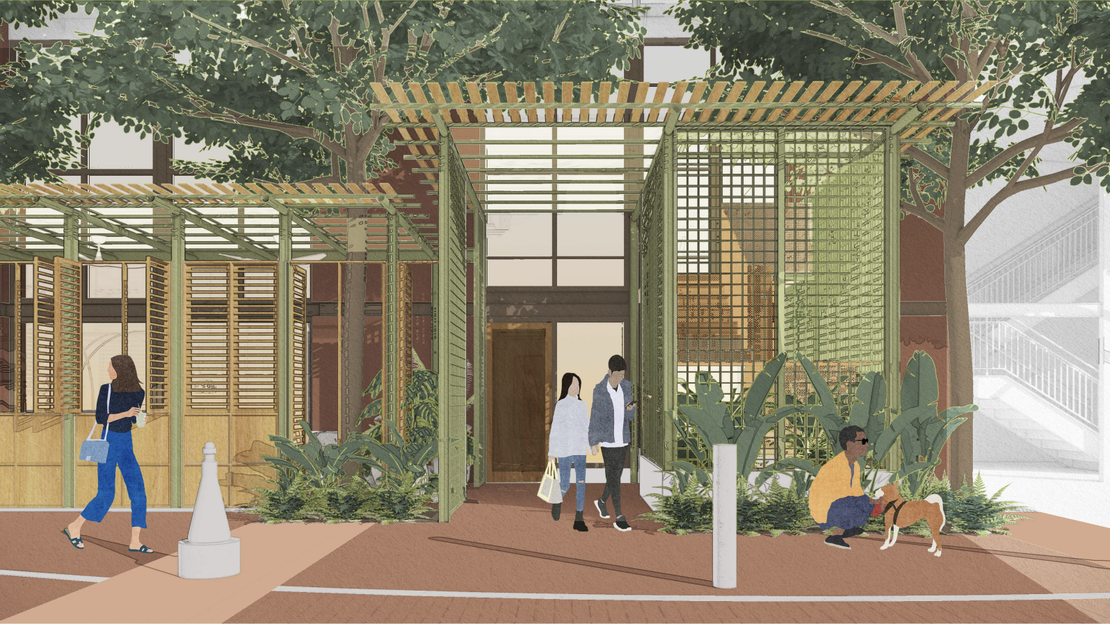 A rendering of Jue Let features greenery and pergolas.